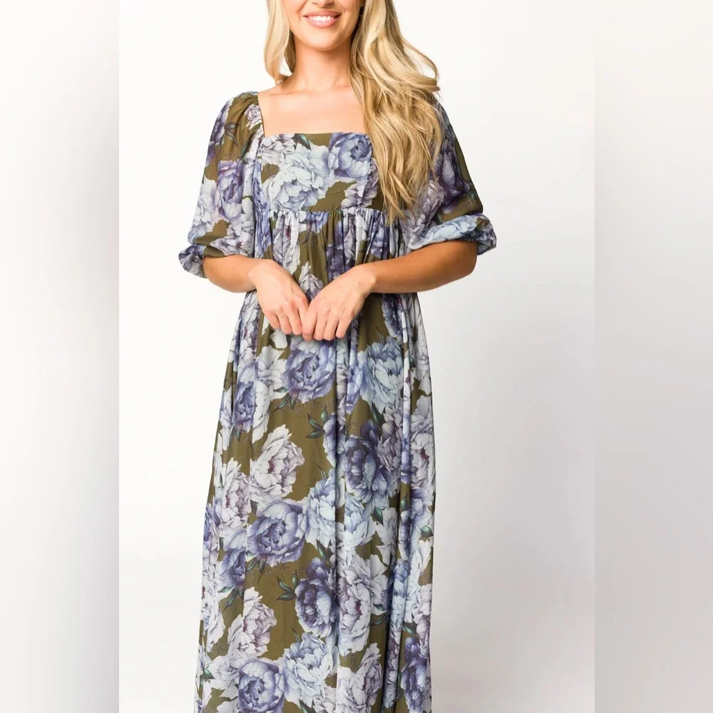 Floral Square-Neck Long Sleeve Maxi Dress - Olive & Lavender - Picture 6 of 13